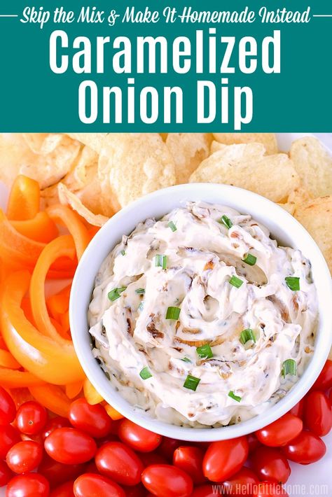 Learn how to make Caramelized Onion Dip from scratch! Ditch the soup mix and make this homemade onion dip instead. This easy Caramelized Onion Dip is made with simple ingredients: pan fried onions, garlic, cream cheese, and sour cream (no mayo). Pair this cold onion dip with potato chips and veggies … this creamy dip is the perfect appetizer for parties! | Hello Little Home #oniondip #caramelizedonions #caramelizedoniondip #appetizer #diprecipe #partyfood Homemade Onion Dip, Onion Dip Recipe, Caramelized Onion Dip, French Onion Dip, Party Dip, Onion Dip, Caramelized Onion, Fried Onions, French Onion