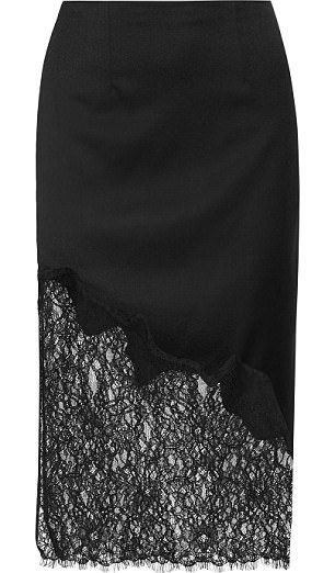 Evana lace-paneled wool-blend crepe skirt by alice + olivia, $330; net-a-porter.com Skirt For Fall, Lace Skirts, Designer Skirt, Crepe Skirt, Maxi Lace Skirt, Slinky Dress, Crepe Skirts, Original Fashion, Slip Skirt