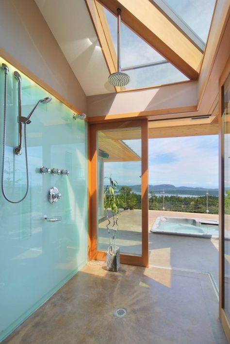 Another beautiful shower that draws inspiration from its surroundings. Glass Shower Wall, Outdoor Bathroom Design, Open Showers, Back Painted Glass, Dream Shower, Glass Walls, Outdoor Bathrooms, Shower Surround, Dream Bathrooms