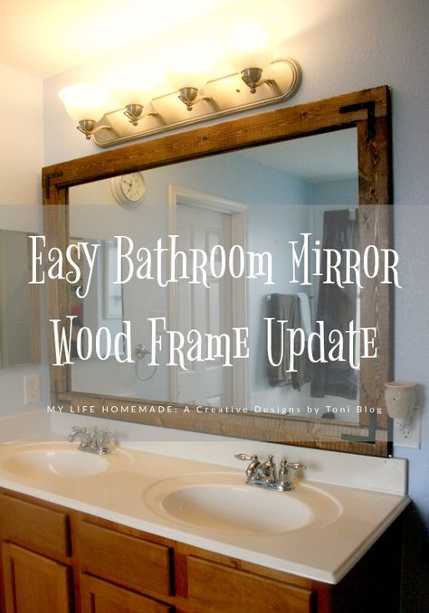 Bathroom Mirror Wood Frame, Update Bathroom Mirror, Framing Mirrors, Bathroom Mirror Wood, Wood Framed Bathroom Mirrors, Update Bathroom, Mirror Wood Frame, Mirrors Diy, Wood Mirror Bathroom