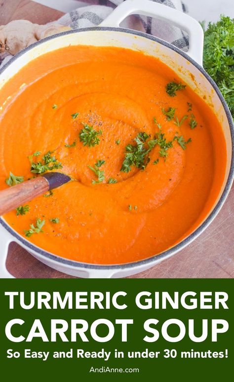 Turmeric ginger carrot soup is a creamy, sweet-tasting soup that is ready in less than 30 minutes. This is a quick and easy vegetarian soup. Carrots, onion and ginger are cooked in a broth, then pureed to create the perfect creamy texture. Carrot Tumeric Ginger Soup, Carrot Turmeric Soup, Carrot And Ginger Soup Recipes, Carrot Ginger Turmeric Soup, Best Carrot Soup Recipes, Tumeric Soups, Carrot Soup Recipes Healthy, Easy Vegetarian Soup, Ginger Carrot Soup