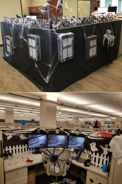 Cubicle Decoration Ideas for Halloween Front Office Halloween Decor, Halloween Decorations For Workplace, Decorate Office Halloween, Halloween Decor Ideas For Office, Halloween Office Cubicle Decor Ideas, Halloween Office Cube Decorations, Horror Office Decor, Office Halloween Ideas Cubicles, Spooky Office Decorations