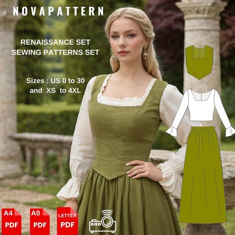 Renaissance Set, available as an instant download (pdf) sewing pattern bundle with a range of size options, including plus sizes  ⭐US Sizes: 2, 4, 6, 8, 10, 12, 14, 16, 18, 20, 22, 24, 26, 28, 30 ⭐Standard Sizes: XS, S, M, L, XL, 2XL, 3XL, 4XL ⭐These patterns are suitable for A4, A0, and US Letter size papers. ⭐Once your payment is processed, you will automatically receive download links for the pattern files. Please note that you can only download the files from a computer; they will not work o Ren Fair Dress Pattern, Sewing Costumes Women, Peasant Bodice Pattern, 1800s Sewing Patterns, Dress Sewing Inspiration, Hobbit Sewing Pattern, Kurta Sewing Pattern, Free Historical Sewing Patterns, Cottagecore Dress Sewing Pattern