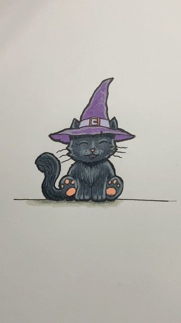 Drawing Witch Hat, Witch Hat Drawing Easy, How To Draw A Witch, Witch Cat Drawing, Witch Drawing Easy, Halloween Witch Drawing, Halloween Cat Drawing, Witch Hat Drawing, Witch Drawings