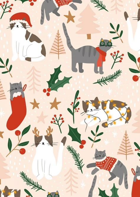 Cat Wallpaper Christmas, Christmas Cat Wallpaper, Festive Wallpaper, Quilt Size Chart, Wallpaper Christmas, Xmas Wallpaper, Christmas Illustrations, Winter Illustration, Christmas Phone Wallpaper