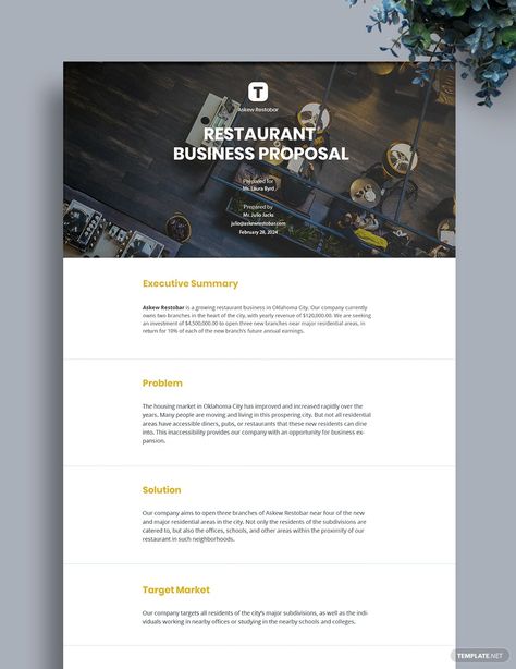 Restaurant Business Proposal Template Restaurant Proposal, Restaurant Business Plan, Proposal Format, Event Proposal, Starting A Restaurant, Restaurant Themes, Proposal Sample, Engagement Marketing, Business Proposal Template