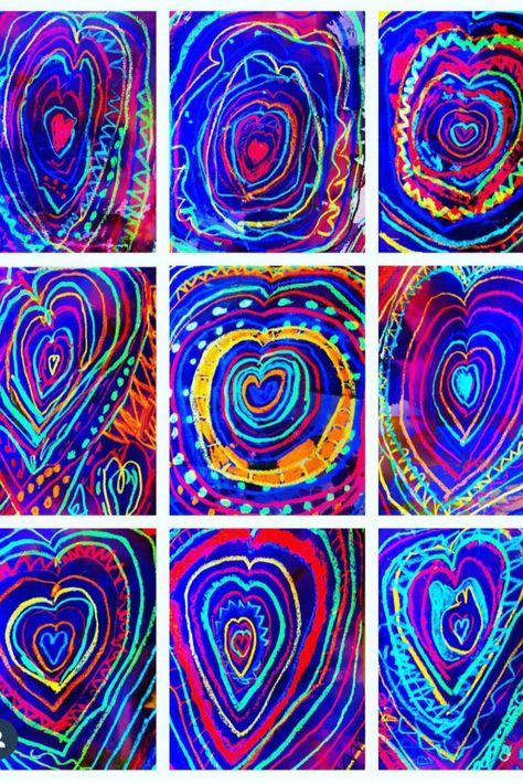 Heart Art Drawing, Concentric Hearts, Draw A Heart, Prek Art, Adaptive Art, Neon Crafts, Drawing Activity, Valentine Art Projects, Directed Drawing