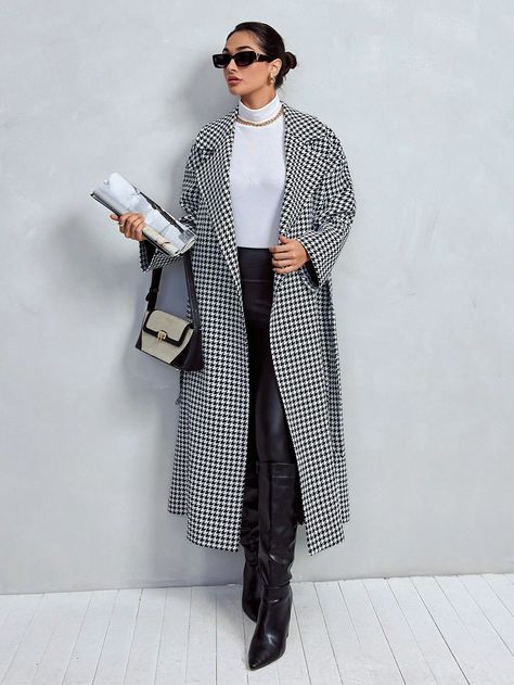 Black and White Casual,Elegant Collar Long Sleeve Fabric Houndstooth Regular Embellished Non-Stretch  Women Clothing Overcoat Outfit Women, Houndstooth Coat Outfit, Warm Skin Tone Colors, Warm Skin Tone, Houndstooth Coat, Women Overcoat, Black N White, White Casual, Girly Photography