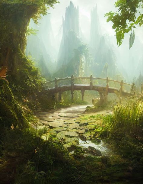 Elven City, Bridge Drawing, Small Bridge, Bridge Art, Dream Painting, Fantasy Background, Wooden Bridge, Fantasy Forest, Forest Painting