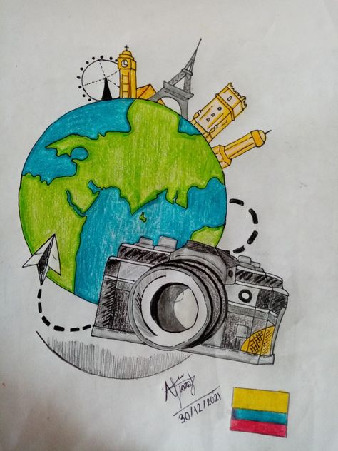 Traveling Drawings Simple, Hardest Drawing In The World, Travel Painting Ideas Easy, World History Drawings, Social Studies Drawings, Geography Posters Ideas, Traveling Drawings, Heading Design Ideas For Project, Around The World Drawing