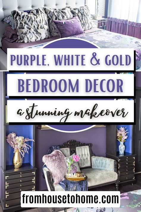 purple, white and gold bedroom decor (a stunning makeover) Dark Purple Bedroom Walls, Dark Purple Bedroom, Purple Bedroom Walls, Purple And Gold Bedroom, White And Gold Bedroom, White Gold Bedroom, Dark Purple Walls, Dramatic Bedroom, Purple Bedroom Decor