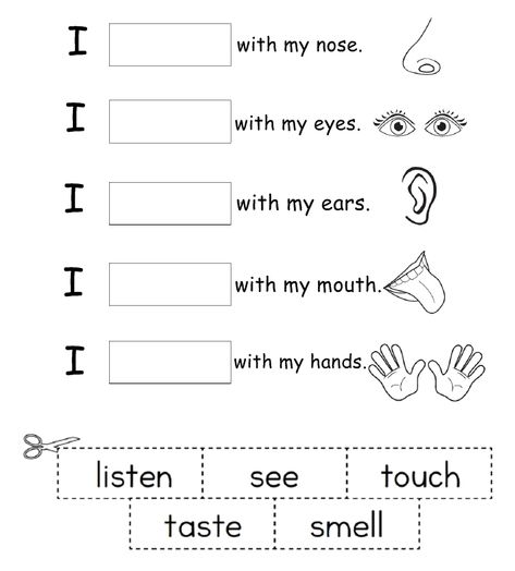 Senses, body parts. I smell with my nose. I see with my eyes. I listen with my ears. I taste with my mouth. I touch with my hands. I See With My Eyes Preschool, I See Worksheet, Left And Right Activities Preschool, Preschool Sight Words Activities, Writing Practice Preschool, Five Senses Worksheet, Small Stories For Kids, Human Body Worksheets, Preschool Sight Words