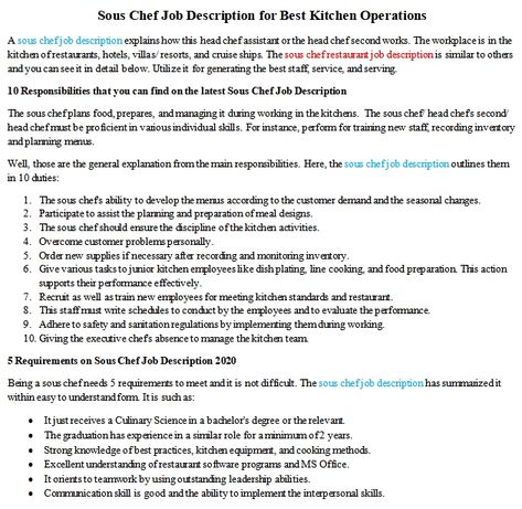 Sous Chef Job Description for Best Kitchen Operations Chef Job Description, Chef Job, Chef Jobs, Leadership Abilities, Sous Chef, Interpersonal Skills, New Employee, Executive Chef, Job Description