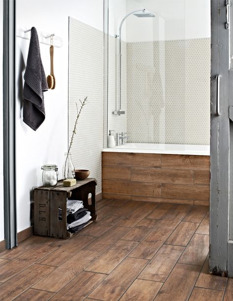 Wooden Look Bathroom Tiles, Lodge Flooring, Bathroom Wood Effect Floor Tiles, Bathroom Wood Effect Tiles, Wood Effect Shower Tiles, Tiled Bath Panel, Topps Tiles Drift Wood Affect Tiles, Wooden Bath Panel, Kitchen Tile Inspiration