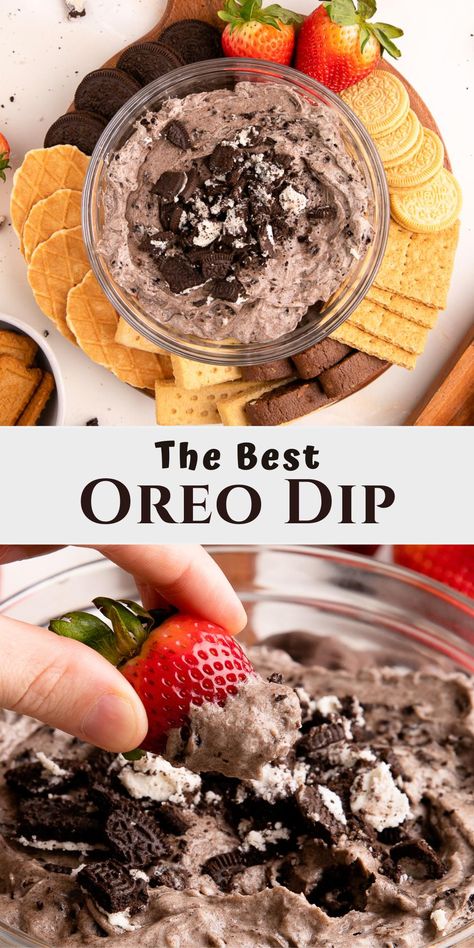 Oreo dip in bowl and with strawberry. Easy Oreo Dip, 3 Ingredient Dessert Dip, Dessert Dips Gluten Free, Monster Cookie Dessert Dip, Oreo Fruit Dip, Fun Dessert Dips, Oreo Fluff Dip, Dip Food Recipes, Oreo Cookie Dip