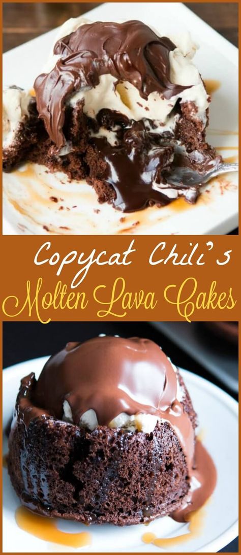 Copycat chili’s molten lava cakes recipe is way easier to make than you probably think and that hot fudge oozing out is such a crowd pleaser! ohsweetbasil.com Lava Cakes Recipe, Copycat Chili, Molten Lava Cakes Recipe, Lava Cake Recipe, Molten Lava Cake, Molten Cake, Molten Chocolate Lava Cake, Lava Cake Recipes, Coconut Dessert