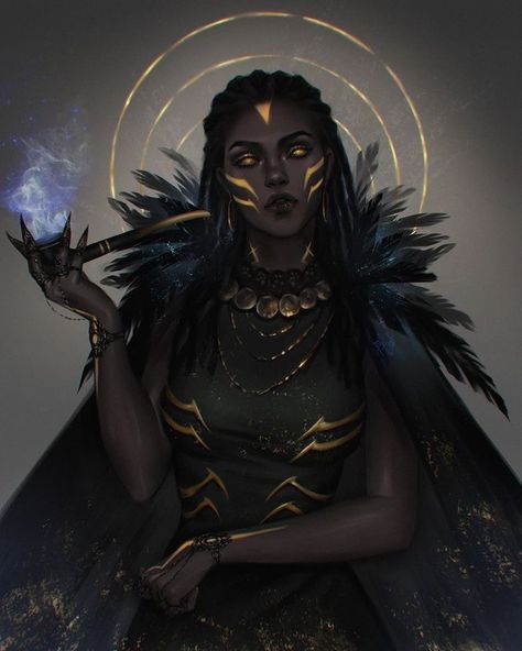 Black Druid Female, Saga Graphic Novel Art, Raven Woman Art, Vibrant Character Design, Black Character Female, Female Wizard Character Design, Black Druid, Raven Character Design, Black Witch Art