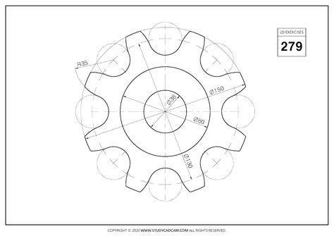 2D CAD EXERCISES 279 - STUDYCADCAM Auto Cad Drawing, Isometric Drawing Exercises, Autocad Isometric Drawing, Gear Drawing, Mechanical Drawings, Mechanical Drawing, Machine Drawing, Basic Sketching, Solidworks Tutorial