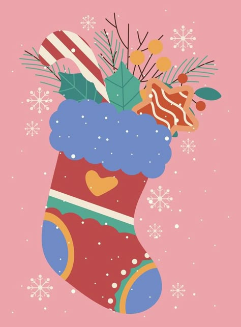 Christmas greeting card with sock and decor, twigs, snowflakes, cookies, leaves, christmas candy, berries. Vector illustration on a pastel pink background. Christmas Candy Illustration, Snowflakes Cookies, Christmas Toffee, Candy Illustration, Christmas Widgets, Pastel Pink Background, Christmas Greeting Card, Christmas Frames, Background Background