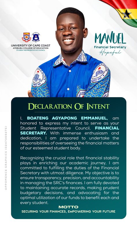 Atecoe Declaration of Intent for Financial Secretary flyer designed by Oppomence graphics in Ghana 0247369275 Declaration Of Intent Flyer Design, Secretary Campaign Posters, Declaration Of Intent, Cape Coast, New Flyer, Flyer Design Inspiration, Flyer Ideas, Church Graphic Design, Student Body