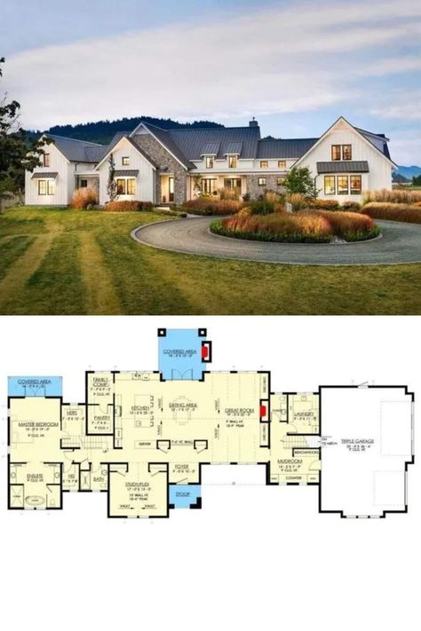 Triple Garage, Exclusive House Plan, Modern Farmhouse Living, Garage Floor Plans, Modern Farmhouse Home, European Farmhouse, Contemporary Cottage, Farmhouse Plan, Modern Mansion