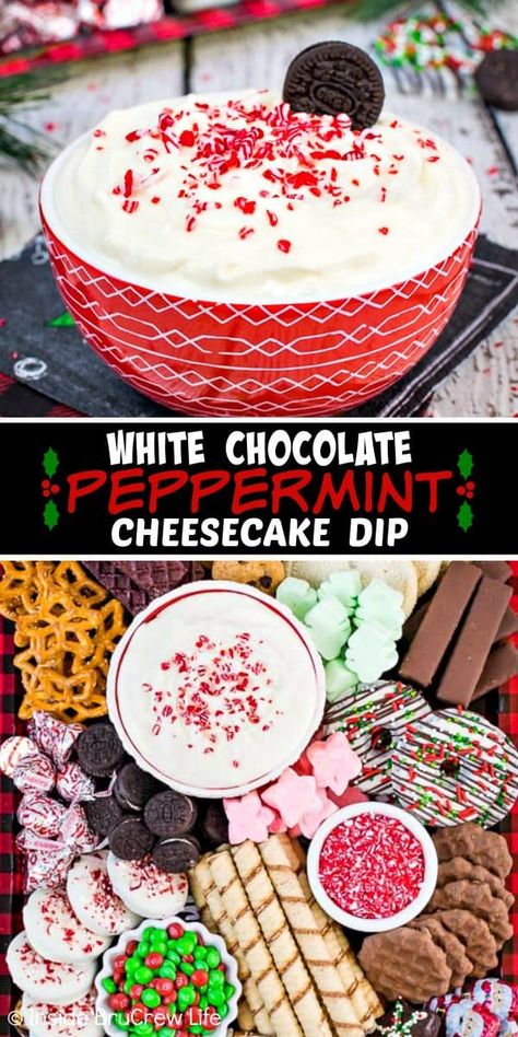 White Chocolate Peppermint Cheesecake Dip - this creamy no bake cheesecake dip has a light peppermint flavor. It is a great sweet dip to make and serve with a tray full of cookies, crackers, and chocolates. No Bake Cheesecake Dip, Peppermint Dip, White Chocolate Peppermint Cheesecake, Peppermint Cheesecake Dip, Peppermint Cheesecake Bars, Chocolate Peppermint Cheesecake, Sweet Dip, Holiday Cheesecake, White Chocolate Peppermint