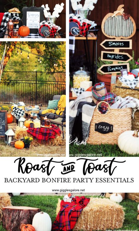 Roast and toast backyard bonfire party essentials Fall Flannel Party Theme, Winter Bonfire Party Ideas, Fall Bonfire Party Ideas, Chilli Party, Fall Party Ideas For Adults, Bonfire Party Food, Fall Backyard Party, Backyard Campfire Party, Firepit Party