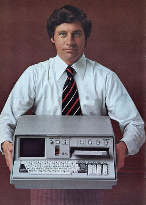 IBM Portable PC, model number 5100; First introduced: September, 1975;  CPU: IBM proprietary, 1.9MHz;  RAM: 16K, 64K max;  Display: 5″ monochrome monitor 64 X 16 text;  Storage: Internal 200K tape (DC300);  Ports: tape / printer I/O port;  OS: APL and/or BASIC. Alter Computer, Old Computer, Retro Future, Computer History, Portable Computer, Old Computers, Pc Portable, Personal Computer, Computer Hardware