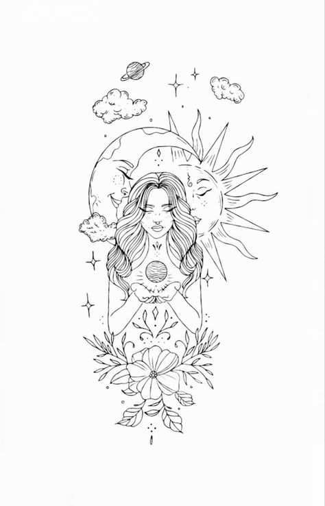 Spiritual Woman Tattoo Design, Libra Planet Tattoo, Sun And Moon Intertwined Tattoo, Feminine Tattoo Sleeves Non Floral, Virgo Woman Tattoo, Goddess Of Love Tattoo, Leo Goddess Tattoo, Odesza Tattoo, Mom Of 3 Tattoo