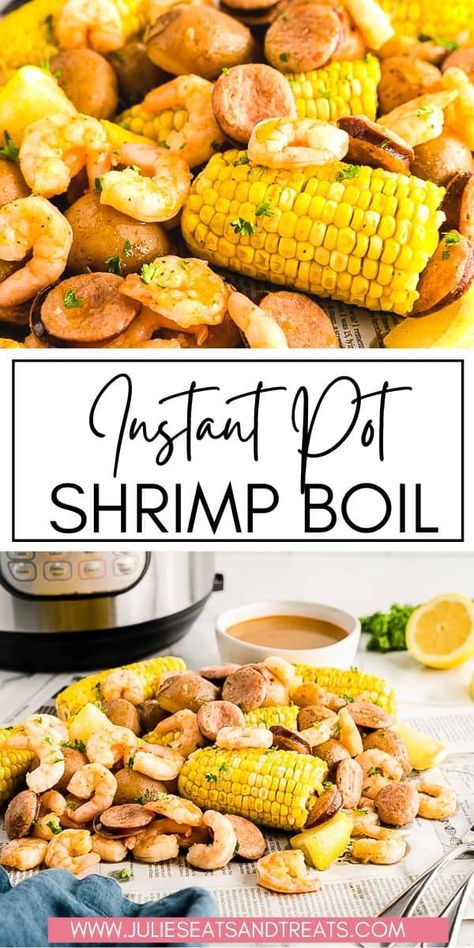 Dinner doesn't get easier than this delicious Instant Pot Shrimp Boil! All the flavors of a classic shrimp boil including potatoes, sausage, corn and shrimp tossed in a seasoned butter! Instant Pot Seafood Boil, Instant Pot Shrimp Boil, Shrimp Sausage Corn Potatoes Instant Pot, Instant Pot Jambalaya Shrimp And Sausage, Pescatarian Recipes Healthy, Shrimp Sausage Potato Corn Boil, Cajun Shrimp Recipes, Shrimp Boil Recipe, Potted Shrimp