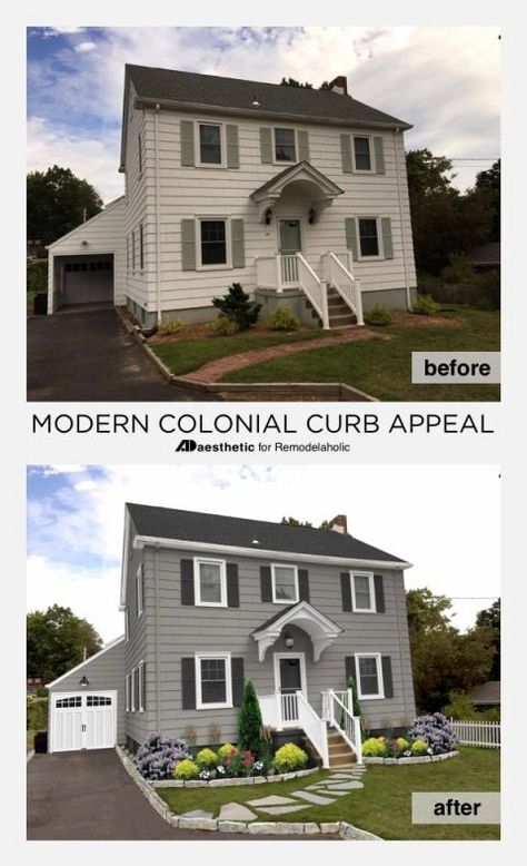 A modern colonial curb appeal update can be as simple as just a few small changes to exterior home colors and a bit of landscaping! Get these tips for a modern colonial home exterior makeover from ADAesthetic on Remodelaholic.com Colonial Curb Appeal, Colonial Landscaping, Modern Colonial Home, Small Colonial, House Plans Colonial, Colonial House Exteriors, Modern Colonial, Colonial Exterior, Home Exterior Makeover