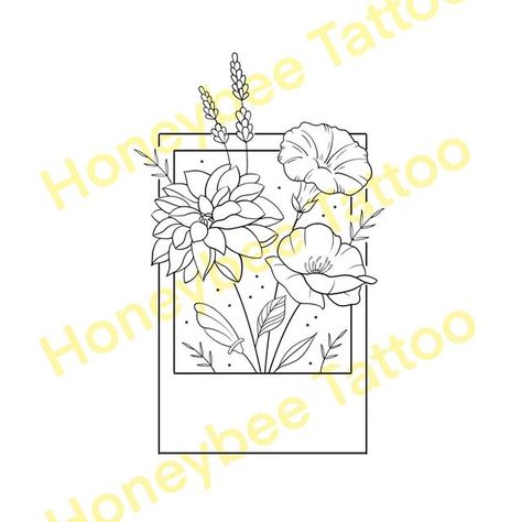 Flower Polaroid Tattoo, Polaroid Tattoo Ideas Simple, Flowers In Box Tattoo, Polaroid Outline Tattoo, Polaroid Sleeve Tattoo, Polaroid Picture Tattoo Ideas, Frame With Flowers Tattoo, Polaroid Tattoo Minimalist, Bay Area Tattoos Ideas