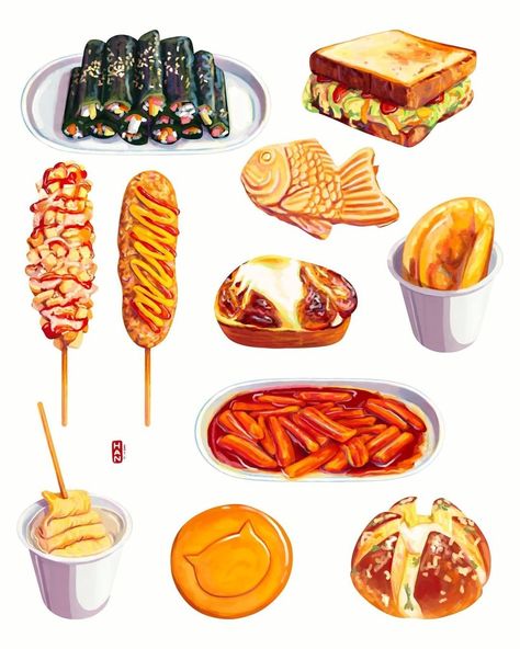 Drawing Food Ideas, Korean Street Food Illustration, Illustration Art Korean Aesthetic, Instagram Korean, Blood Sausage, Food Doodles, 귀여운 음식 그림, Food Artwork, Food Sketch