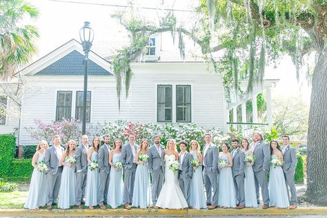 Light Blue and Light Gray Bridal Party | Dana Cubbage Weddings | Charleston, SC Gray Bridal Party, Charleston Wedding Reception, Bridal Party Color Schemes, Blue Groomsmen Suits, Light Gray Wedding, Blue Groomsmen, Sky Blue Weddings, Light Blue Bridesmaid Dresses, Light Blue Bridesmaid