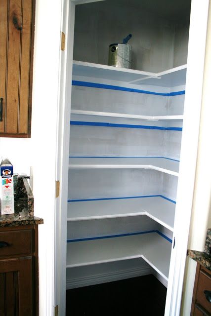 diy small pantry shelving ideas - Google Search Very good use of small space Painted Pantry Interior, Pantry Planning, Pantry Redo, Painted Pantry, Organize Pantry, Pantry Closet Design, Pantry Layout, Kitchen Pantry Ideas, Corner Pantry