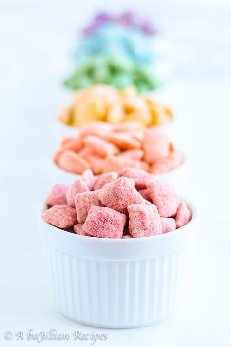 Rainbow Puppy Chow - A baJillian Recipes Colored Puppy Chow, Gluten Free Chex, Jello Flavors, Cereal Snacks, Rainbow Food, Puppy Chow, Food Dye, Red Food Coloring, Gel Food Coloring