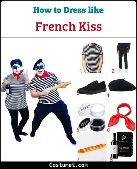 French Kiss Costume for Cosplay & Halloween French Kiss Costume, Black Pants Black Shoes, Black And White Face Paint, Red Neck Scarf, Beret Black, Kiss Costume, White Face Paint, Black Beret, Black And White Face