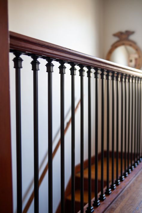 Banister Replacement Ideas, Black Stair Balusters, Staircase Railing Design Wrought Iron, Stair Baluster Ideas, Baluster Design, Handrail Ideas, Wooden Staircase Railing, Indoor Stair Railing, Iron Stair Balusters