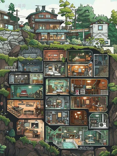 Witch House Interior Illustration, Futuristic Tree House, Community Layout, Bunker House, Home Survival, Habbo Hotel, Interior Concept Art, Buildings Artwork, Architecture Set