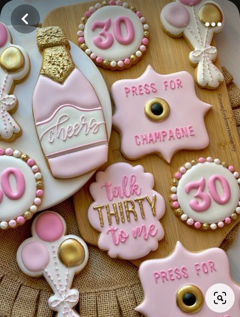 25 Cookies Decorated, 30 Cookies Decorated, 30th Birthday Champagne Theme, Cookies For Birthday Woman, 21 Cookies Decorated, Talk Thirty To Me Cookies, Birthday Themes For 30th Birthday, 30th Birthday Biscuits, 30 Birthday Cookies Decorated