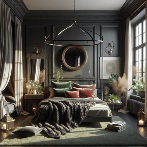 Plush, modern bedroom with dark, minimalist aesthetic. Queen-sized canopy bed, vibrant pillows. Antique brass lamp, bay windows, shag carpet. Dark Minimalist Aesthetic, Victorian Minimalist, Modern Victorian Bedroom, Modern Cozy Bedroom, Carpet Inspiration, Aesthetic Queen, Dark Minimalist, Victorian Bedroom, Bay Windows