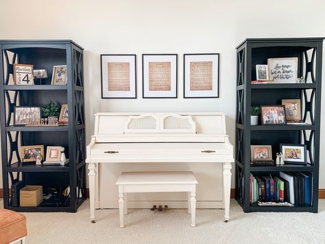 Bookcases Around Piano, Piano Between Bookcases, Music Room With Piano, Piano Space, Piano Painted, Painted Bookcases, Dining Room To Office, Piano Room Decor, Office Music Room