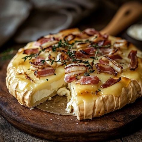 Camembert and bacon puff pastry 🥐🧀 📋 Ingredients: 1 puff pastry 1 camembert 150 g of bacon 1 egg 1 tablespoon of crème fraîche Pepper 🥣 Instructions: Preheat the oven to 200°C. Prepare the dough: Spread the puff pastry on a baking tray. Prepare the camembert: Cut the camembert in half horizontally. Place half of the Camembert in the center of the puff pastry. Prepare the bacon: Brown the bacon in the pan until golden. Spread the bacon over the bottom half of the Camembert and cover with the o... Bacon Puffs, Puff Pastry Ingredients, Baked Camembert, Baking Tray, The Other Half, 4 People, Other Half, 1 Egg, Puff Pastry