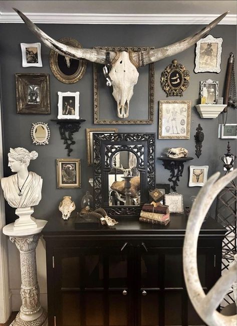 Edgy Home Aesthetic, Dark Western Room Aesthetic, Gothic Country Decor, Witchy Western Decor, Cowboy Gothic Decor, Southwest Gothic Decor, Country Dark Aesthetic, Gothic Inspired Living Room, Moody Romantic Home Decor