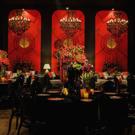 A bespoke sangeet and cocktail party with a rich black and red palette transforming the ambiance into dramatic elegance ❤️ Decor & Production: @showkraftdesignerweddings Florals: @prakartibypragya Lighting: @lightingbytechnocraft Location: @grandhyatt.gurgaon Shot By: @sandeepmunjalphotography #cocktail #sangeet #showkraftdesignerweddings #red #black #florals #weddingdesign #destinationwedding #grandhyattgurgaon #wedding Grand Hyatt, Stage Backdrop, Stage Design, Wedding Designs, Destination Wedding, Black And Red, Lounge, Red, Floral