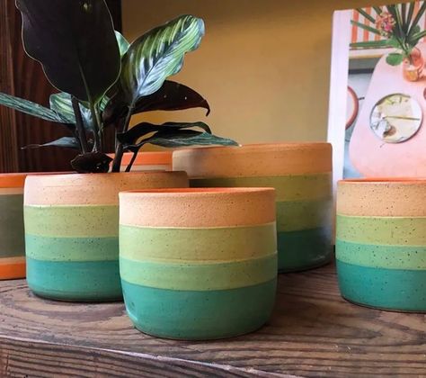 Green Sunset Planter by Mineral Ceramics seen at Flowerland Nursery, Albany | Wescover Landscape Curb Appeal, Front Yard Landscape Design, Pottery Plant Pots, Green Sunset, Front Yard Landscape, Green On Green, Hand Painted Planter, Plant Pot Design, Flower Pot Art