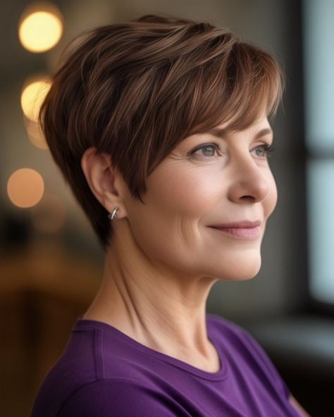 Chestnut Brown Pixie Haircut, modern pixie haircut for women over 50 Brown Pixie Haircut, Haircuts For Over 50, Modern Pixie Haircut, Haircut For Women Over 50, Pixie Haircut For Women, Brown Pixie, Modern Pixie, Brown Pixie Cut, Platinum Blonde Balayage