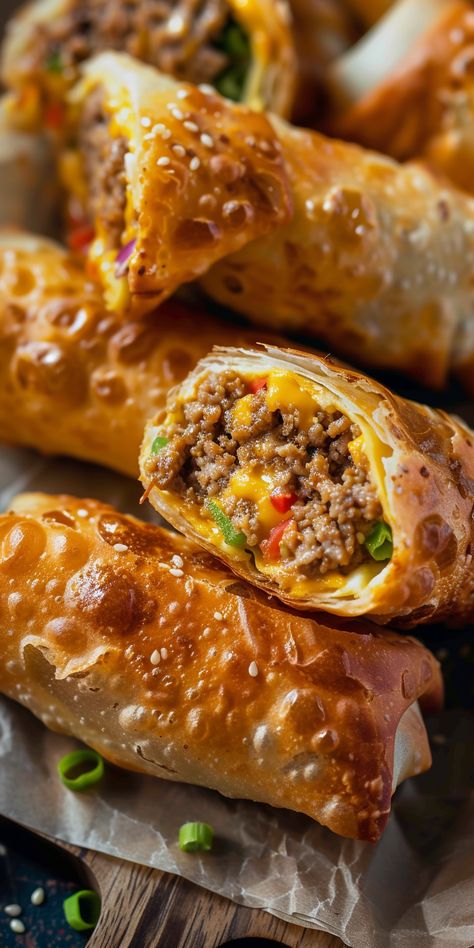 Cheeseburger Egg Rolls [30 Minutes] - Chasety Fried Chicken Egg Rolls, Egg Roll Dinner Ideas, Egg Rolls Ideas, Unique Egg Rolls, Fried Egg Rolls Recipe, Stuffed Egg Rolls, Cheese Burger Egg Rolls Recipe, Eggs Rolls Recipe, Tasty Cooking Recipes