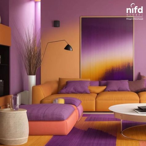 Guess the colour scheme used here! Purple Orange Living Room, Purple And Orange Living Room, Lavender Couch, Orange Office Design, Purple Office Ideas, Complementary Interior, Violet Living Room, Colorful Office Space, Room Painting Bedroom