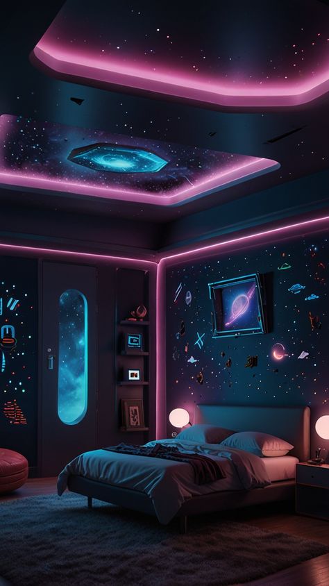 This sci-fi bedroom brings the cosmos indoors with a neon-lit galaxy ceiling, spaceship-style walls, and a floating UFO bed. Perfect for space enthusiasts! 🌠🔭 #FuturisticRoom #SpaceDecor #CosmicDream Galaxy Ceiling, Space Bedroom, The Cosmos, Spaceship, Cosmos, Floating, Sci Fi, Ceiling, Neon